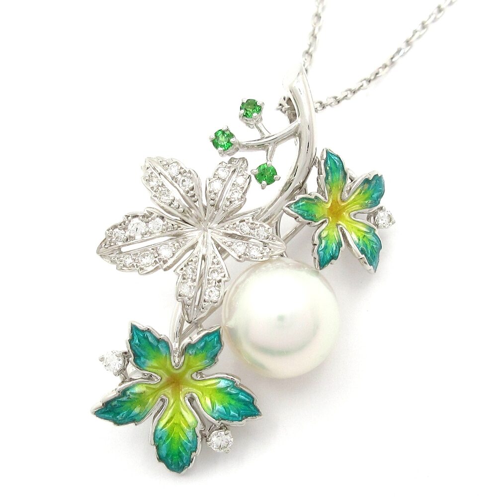 Mikimoto Necklace 18K White Gold Cream Green Pearl cloisonne Diamond